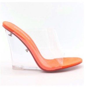 Clear Peep Toe Wedge Heel Sandals in Neon Orange